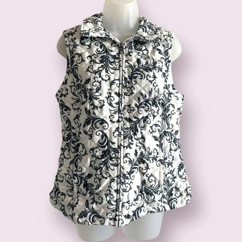 Croft & Barrow Black White Pattern Zip Vest Sleeveless Size S